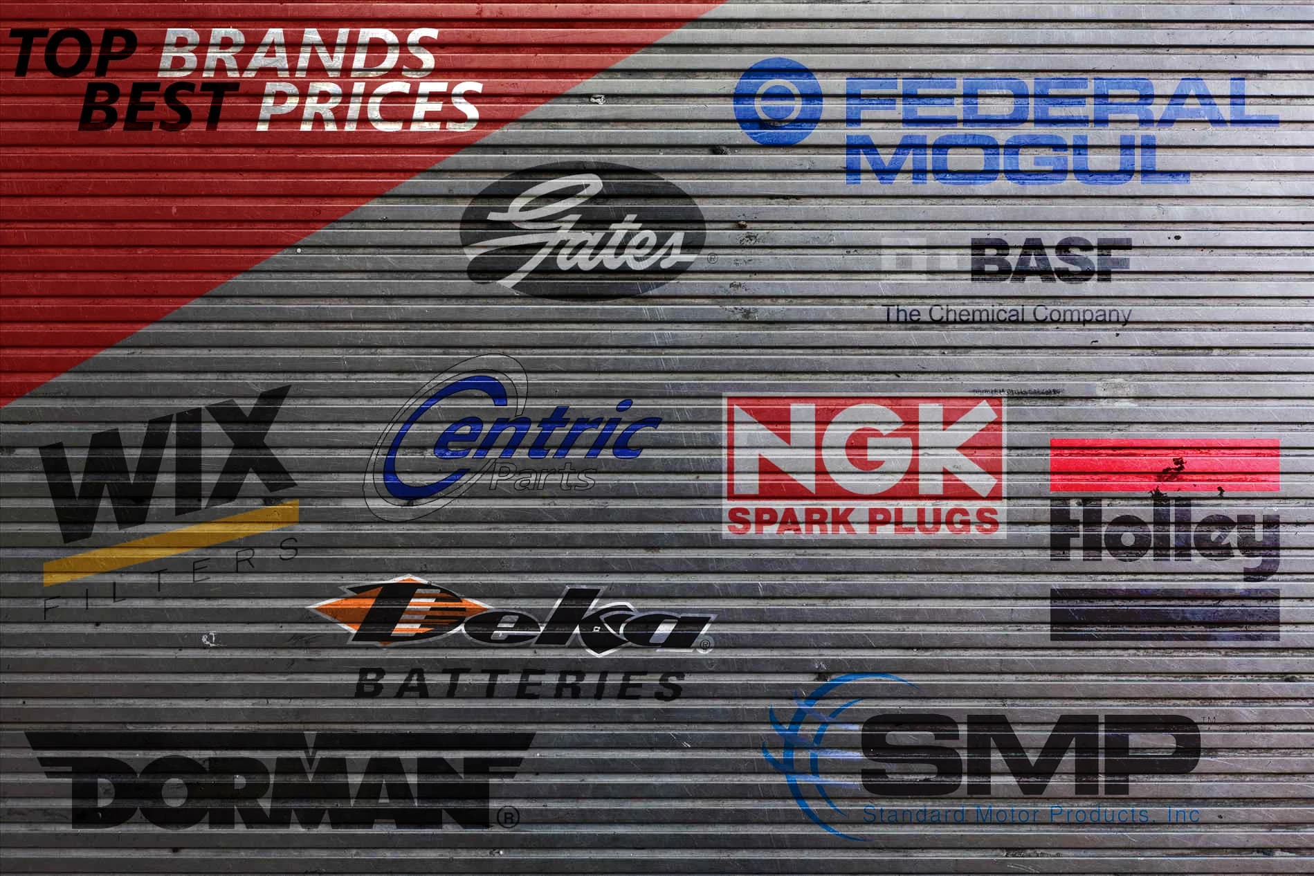 NPW warehouse roll-up door painted with the brands NPW distributes, including Federal Mogul, Gates, BASF, WIX, NGK, Holley and Dorman